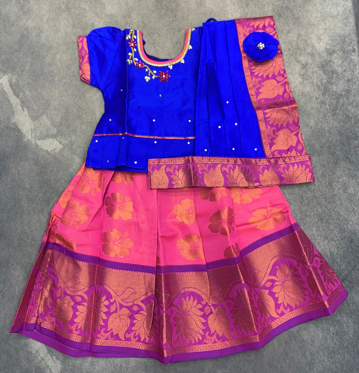 Ready To Wear Pattu Pavadai with Dhavani Baby Pink Colour Pavadai withContrast Blue Colour Blouse