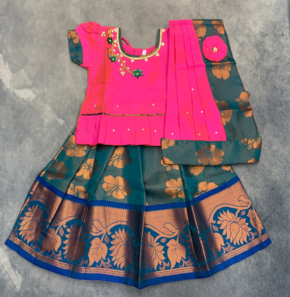 Ready To Wear Pattu Pavadai with Dhavani Peacock Green Colour Pavadai with Rani Pink Contrast Blue Colour Blouse