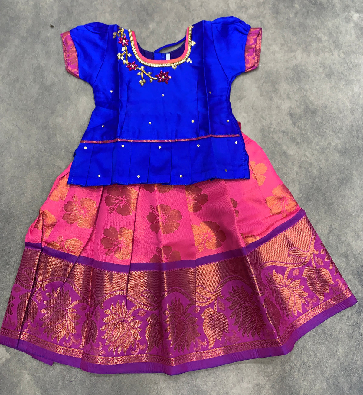 Ready To Wear Pattu Pavadai with Dhavani Baby Pink Colour Pavadai withContrast Blue Colour Blouse