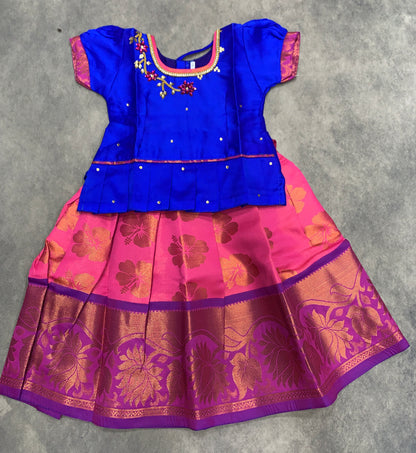 Ready To Wear Pattu Pavadai with Dhavani Baby Pink Colour Pavadai withContrast Blue Colour Blouse