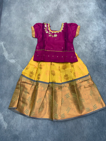 Ready To Wear Pattu Pavadai with Dhavani Mustard Yellow Colour Pavadai with Contrast Magenta Colour Blouse