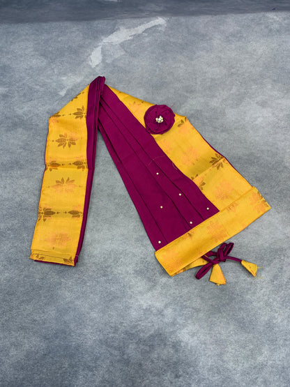 Ready To Wear Pattu Pavadai with Dhavani Mustard Yellow Colour Pavadai with Contrast Magenta Colour Blouse