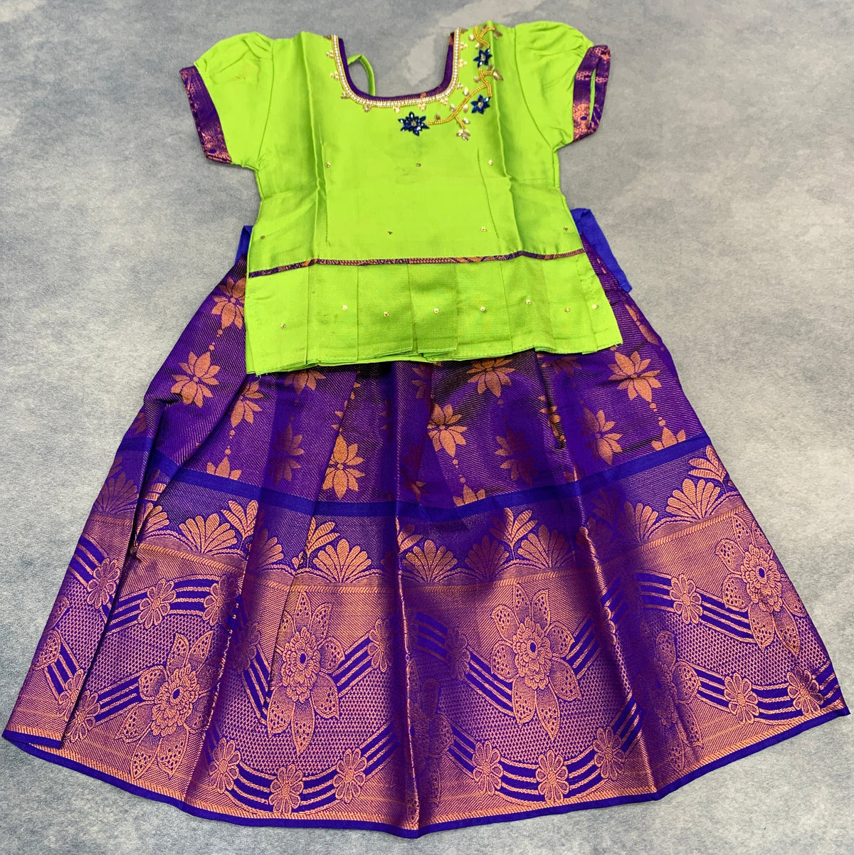 Ready To Wear Pattu Pavadai with Dhavani Violet Colour Pavadai with Contrast Apple Green Colour Blouse