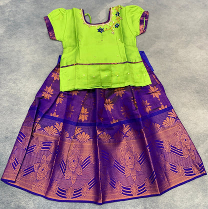Ready To Wear Pattu Pavadai with Dhavani Violet Colour Pavadai with Contrast Apple Green Colour Blouse
