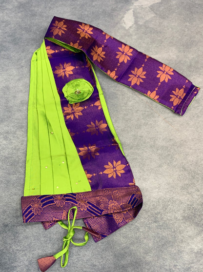 Ready To Wear Pattu Pavadai with Dhavani Violet Colour Pavadai with Contrast Apple Green Colour Blouse