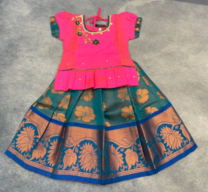 Ready To Wear Pattu Pavadai with Dhavani Peacock Green Colour Pavadai with Rani Pink Contrast Blue Colour Blouse