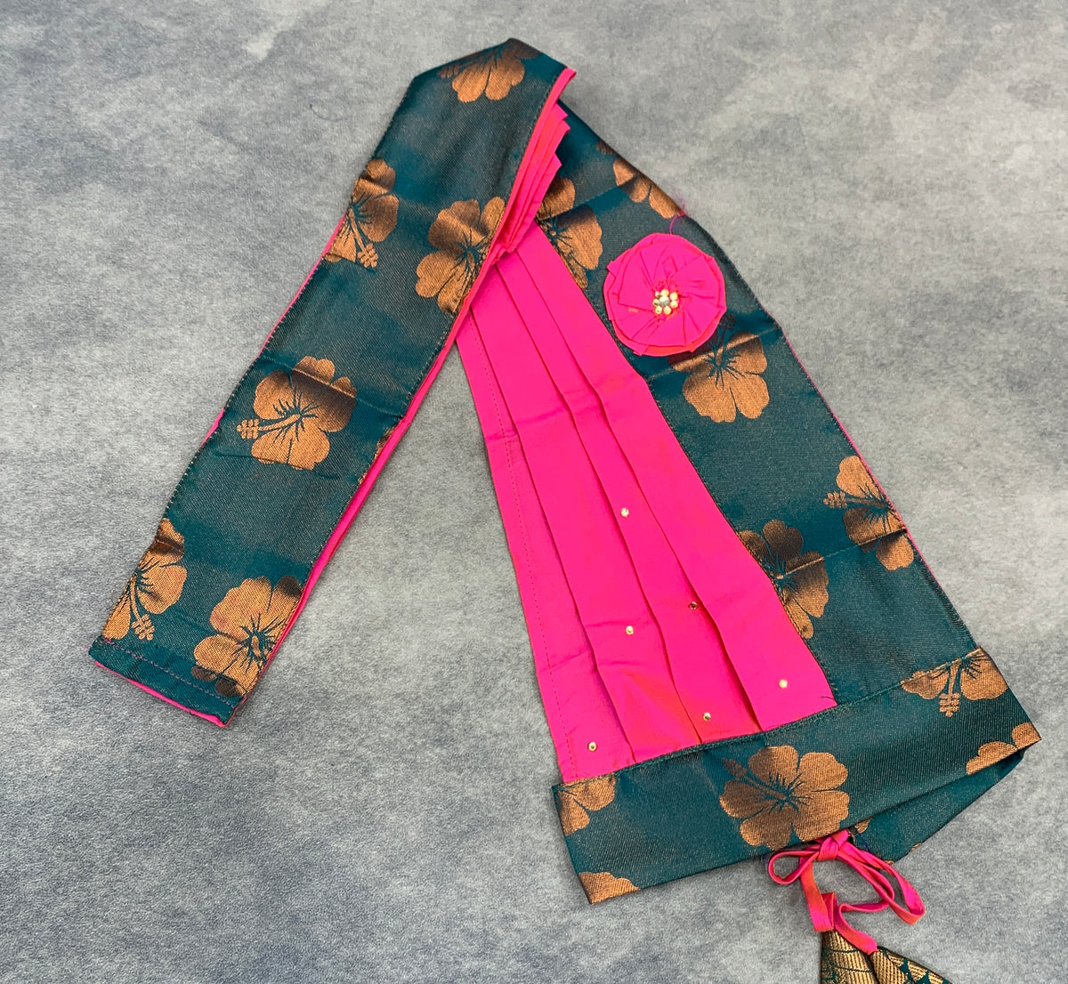 Ready To Wear Pattu Pavadai with Dhavani Peacock Green Colour Pavadai with Rani Pink Contrast Blue Colour Blouse