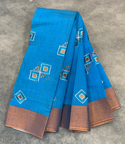 Sky Blue Colour Silk Cotton Saree with Copper Zari Border
