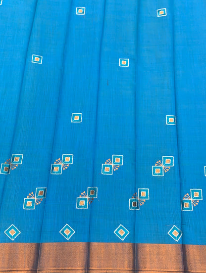 Sky Blue Colour Silk Cotton Saree with Copper Zari Border