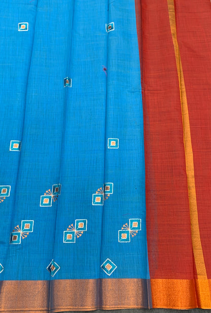 Sky Blue Colour Silk Cotton Saree with Copper Zari Border