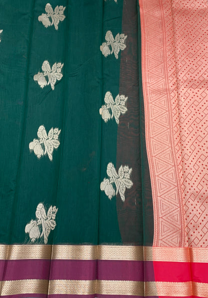 Green Colour Silk Cotton Saree with Rettai Pettu Border