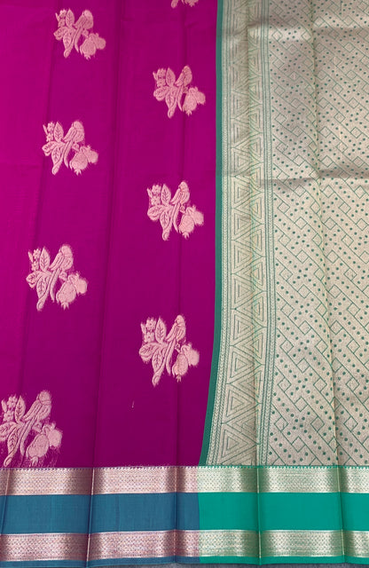 Magenta Colour Silk Cotton Saree with Rettai Pettu Border