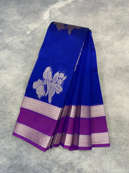 Blue Colour Silk Cotton Saree with Rettai Pettu Border