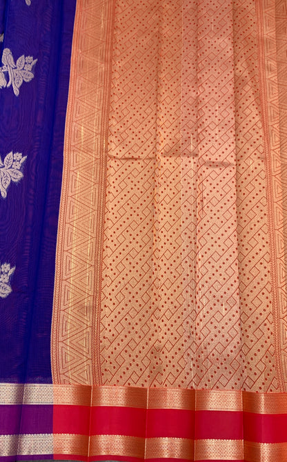 Blue Colour Silk Cotton Saree with Rettai Pettu Border