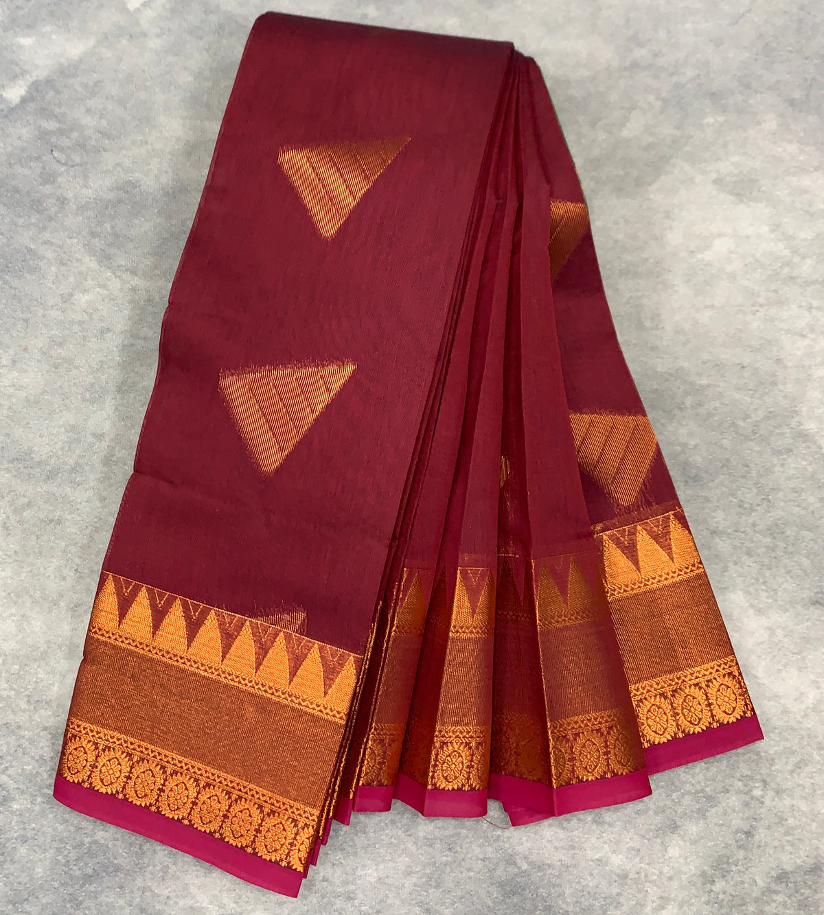 Maroon Colour Silk Cotton Saree with Copper Zari Border