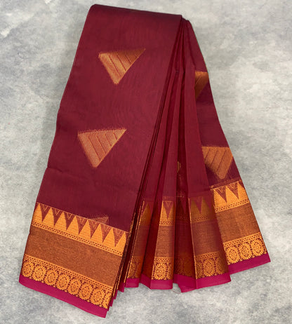 Maroon Colour Silk Cotton Saree with Copper Zari Border