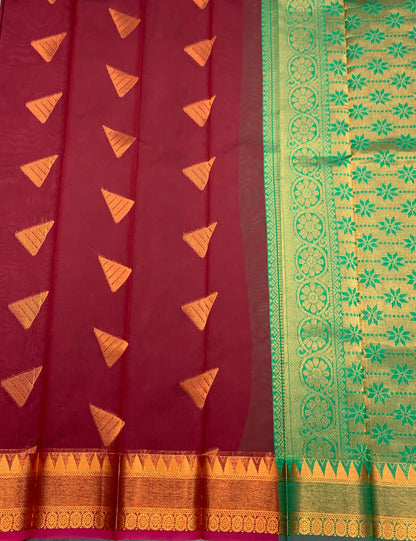 Maroon Colour Silk Cotton Saree with Copper Zari Border