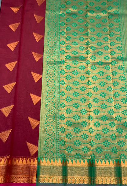 Maroon Colour Silk Cotton Saree with Copper Zari Border