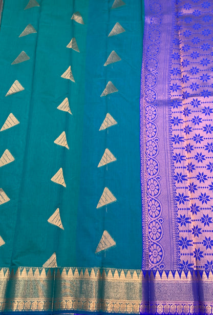Rama Green Colour Silk Cotton Saree with Copper Zari Border