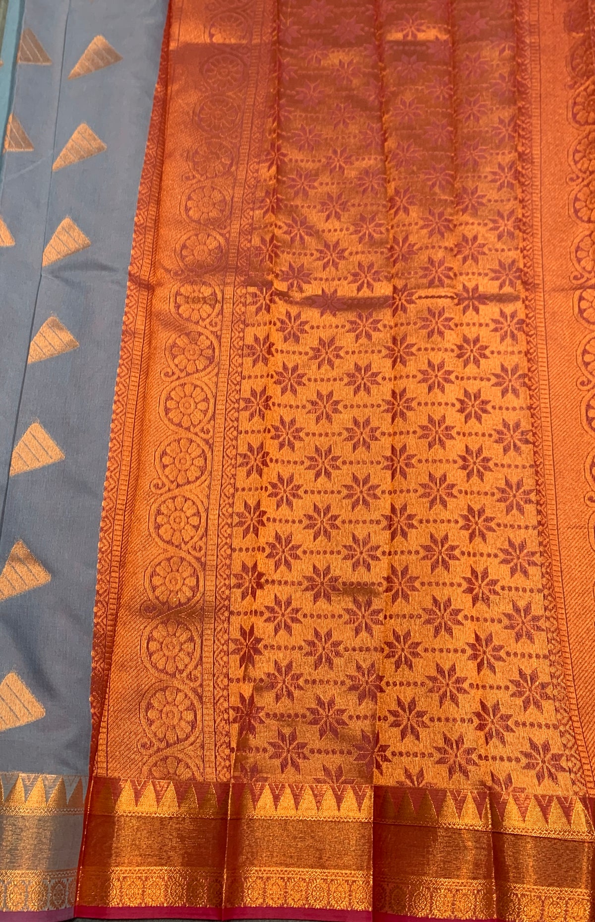 Grey Colour Silk Cotton Saree with Copper Zari Border