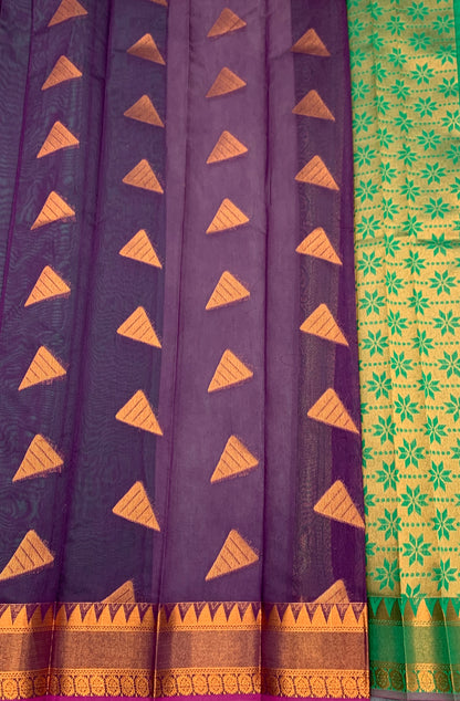 Magenta Colour Silk Cotton Saree with Copper Zari Border