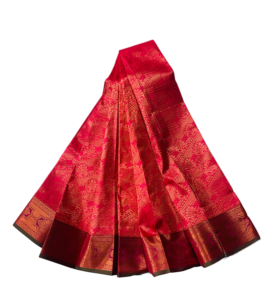 Pink shade Soft kanchi pattu with  Copper with Dark Green Border. Pop