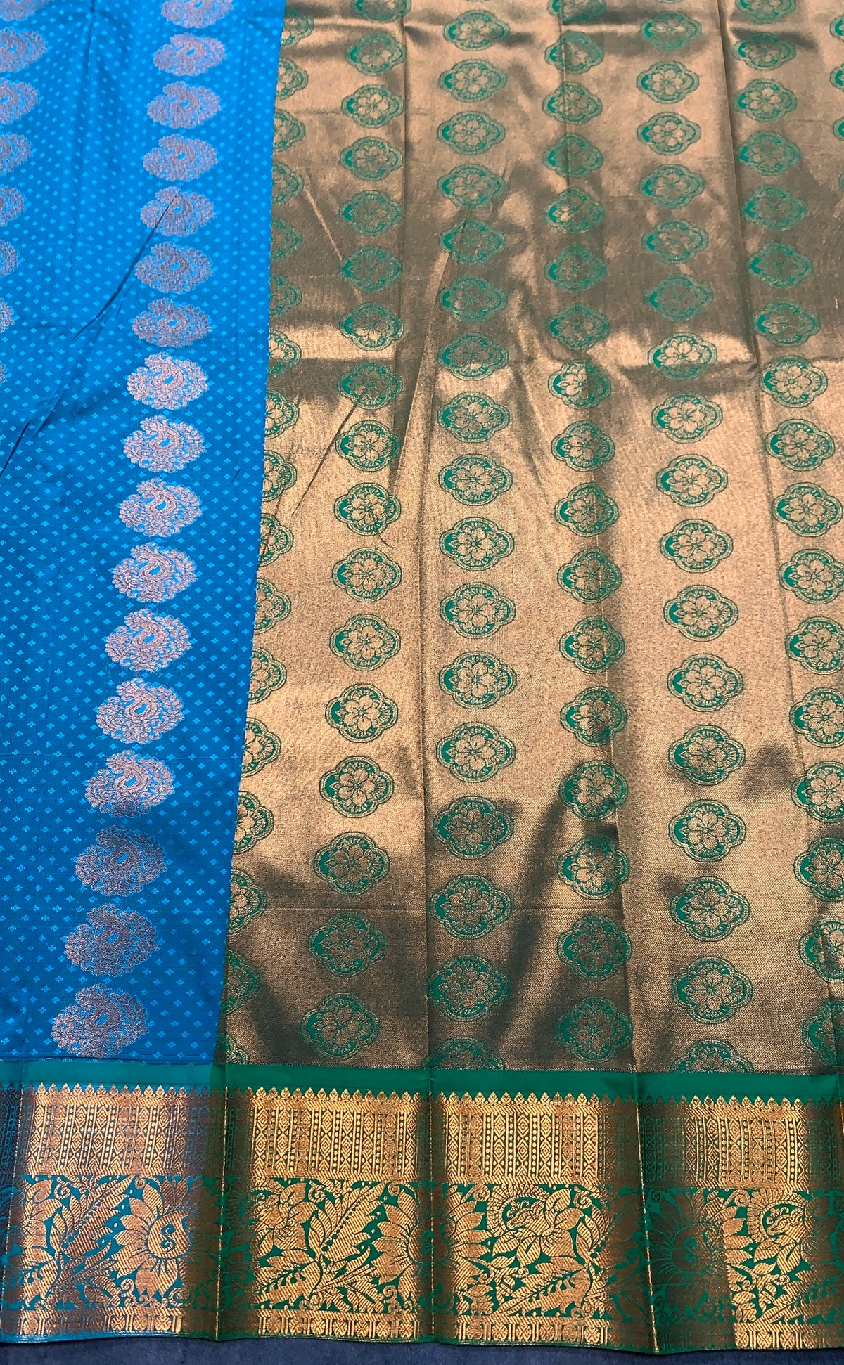 Vegan Silk Saree Rama Green Colour Saree with Copper Border