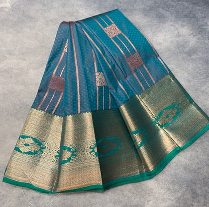 Vegan Silk Saree Rama Green Colour Saree with Copper Border