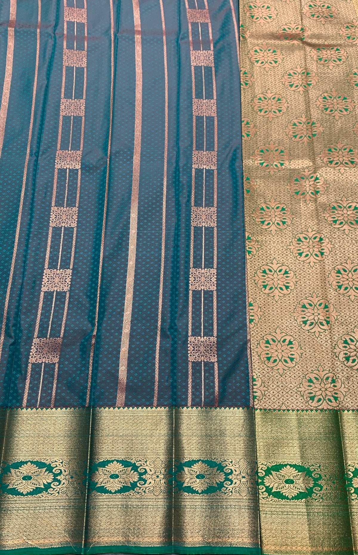 Vegan Silk Saree Rama Green Colour Saree with Copper Border