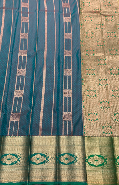 Vegan Silk Saree Rama Green Colour Saree with Copper Border
