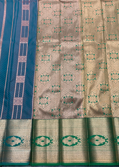 Vegan Silk Saree Rama Green Colour Saree with Copper Border