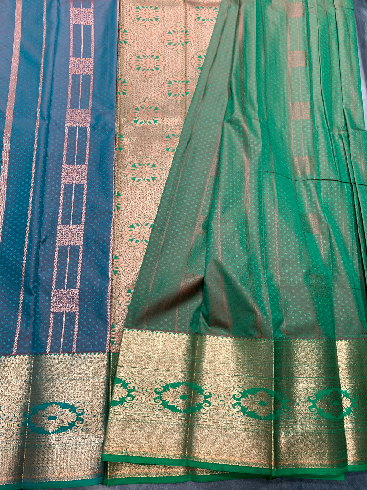 Vegan Silk Saree Rama Green Colour Saree with Copper Border