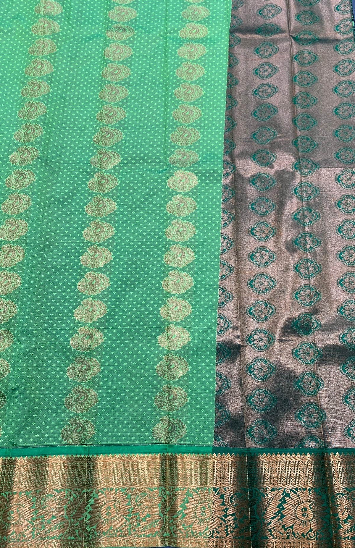 Vegan Silk Saree Apple Green Colour Saree with Copper Border