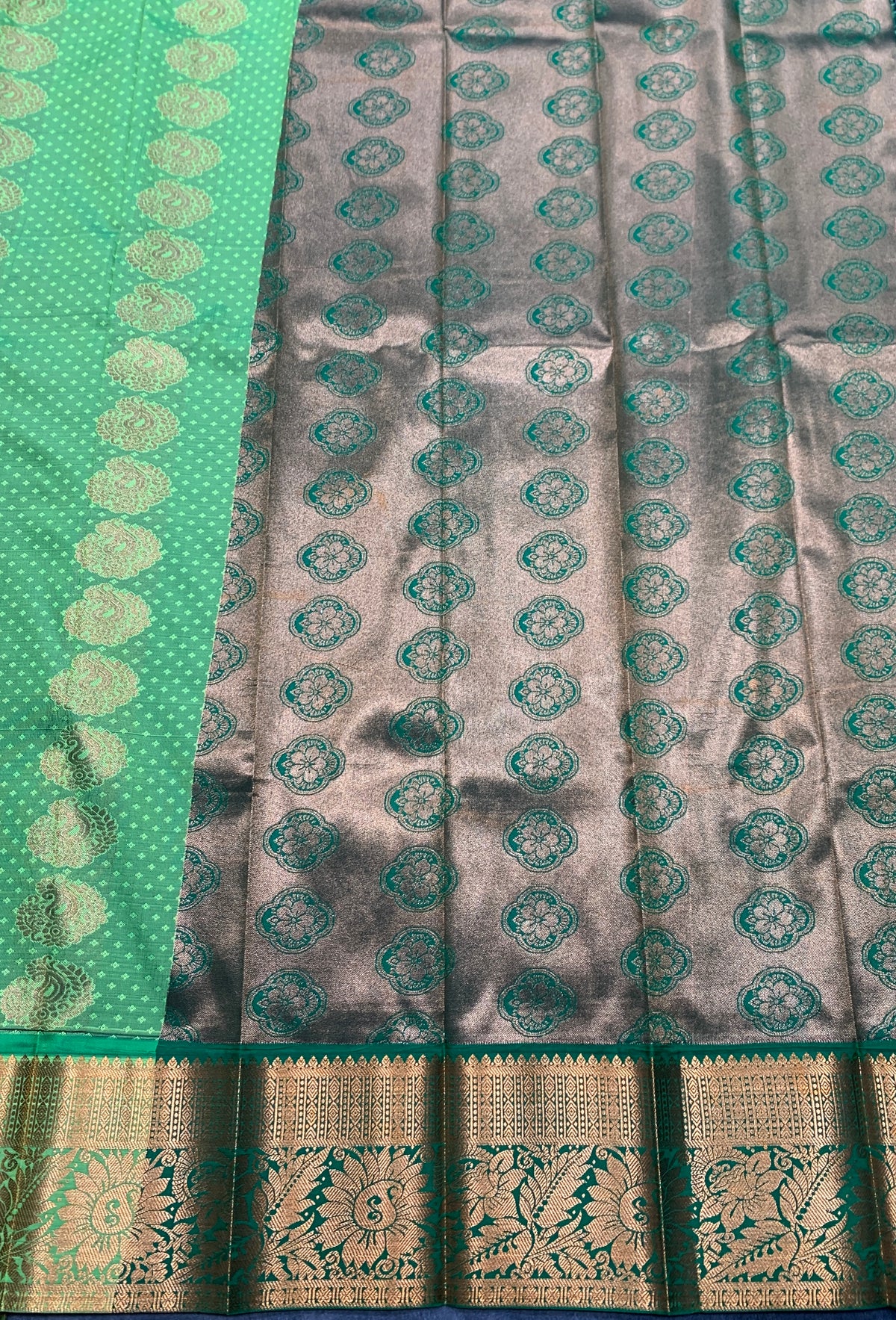 Vegan Silk Saree Apple Green Colour Saree with Copper Border
