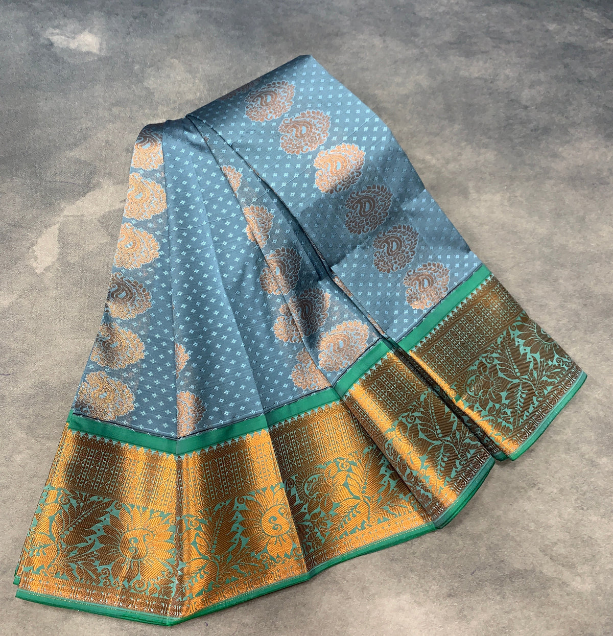 Vegan Silk Saree Greyish Blue Colour Saree with Copper Border