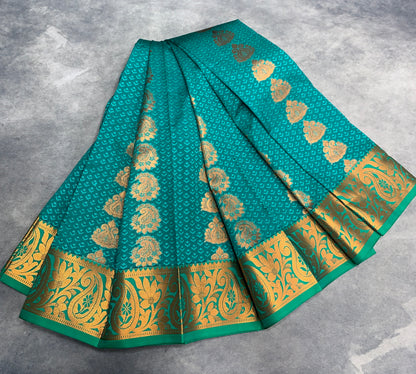 Vegan Silk Saree Rama Green Colour Saree with Copper Border