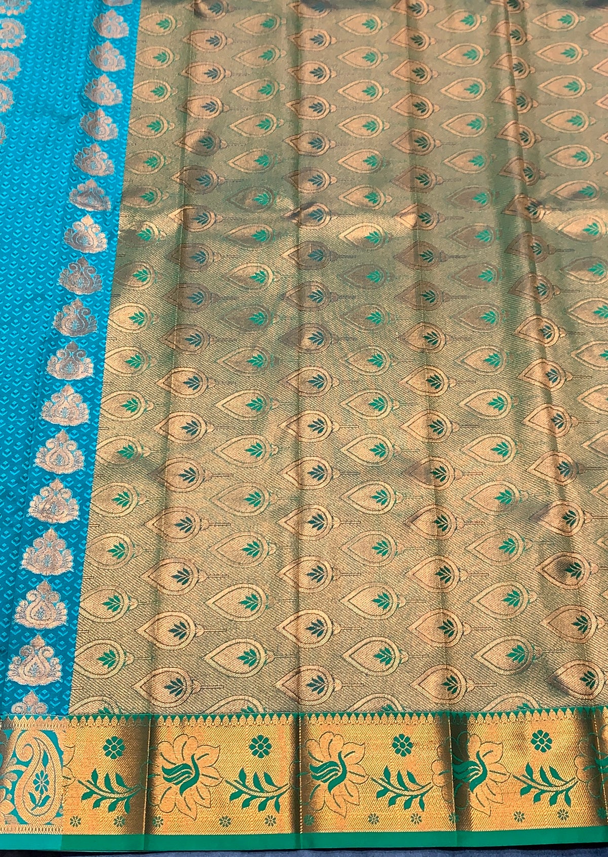 Vegan Silk Saree Rama Green Colour Saree with Copper Border