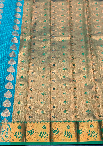 Vegan Silk Saree Rama Green Colour Saree with Copper Border