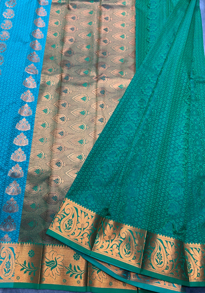 Vegan Silk Saree Rama Green Colour Saree with Copper Border