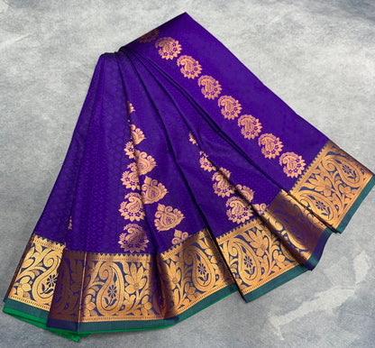 Vegan Silk Saree Violet Colour Saree with Green and Copper Border