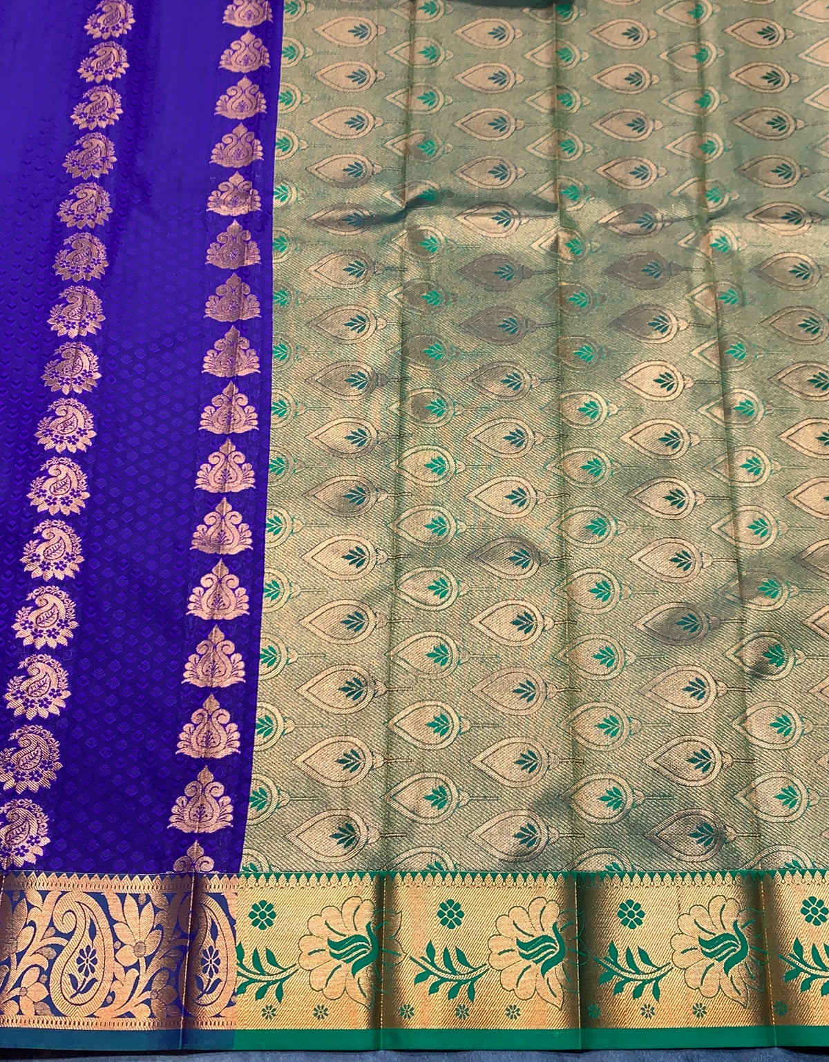 Vegan Silk Saree Violet Colour Saree with Green and Copper Border