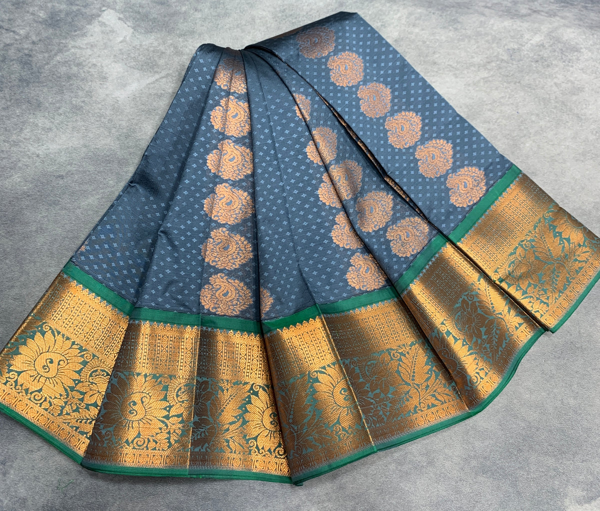 Vegan Silk Saree Grey Colour Saree with Green and Copper Border