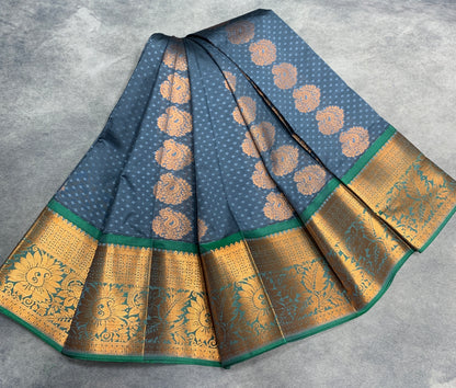 Vegan Silk Saree Grey Colour Saree with Green and Copper Border