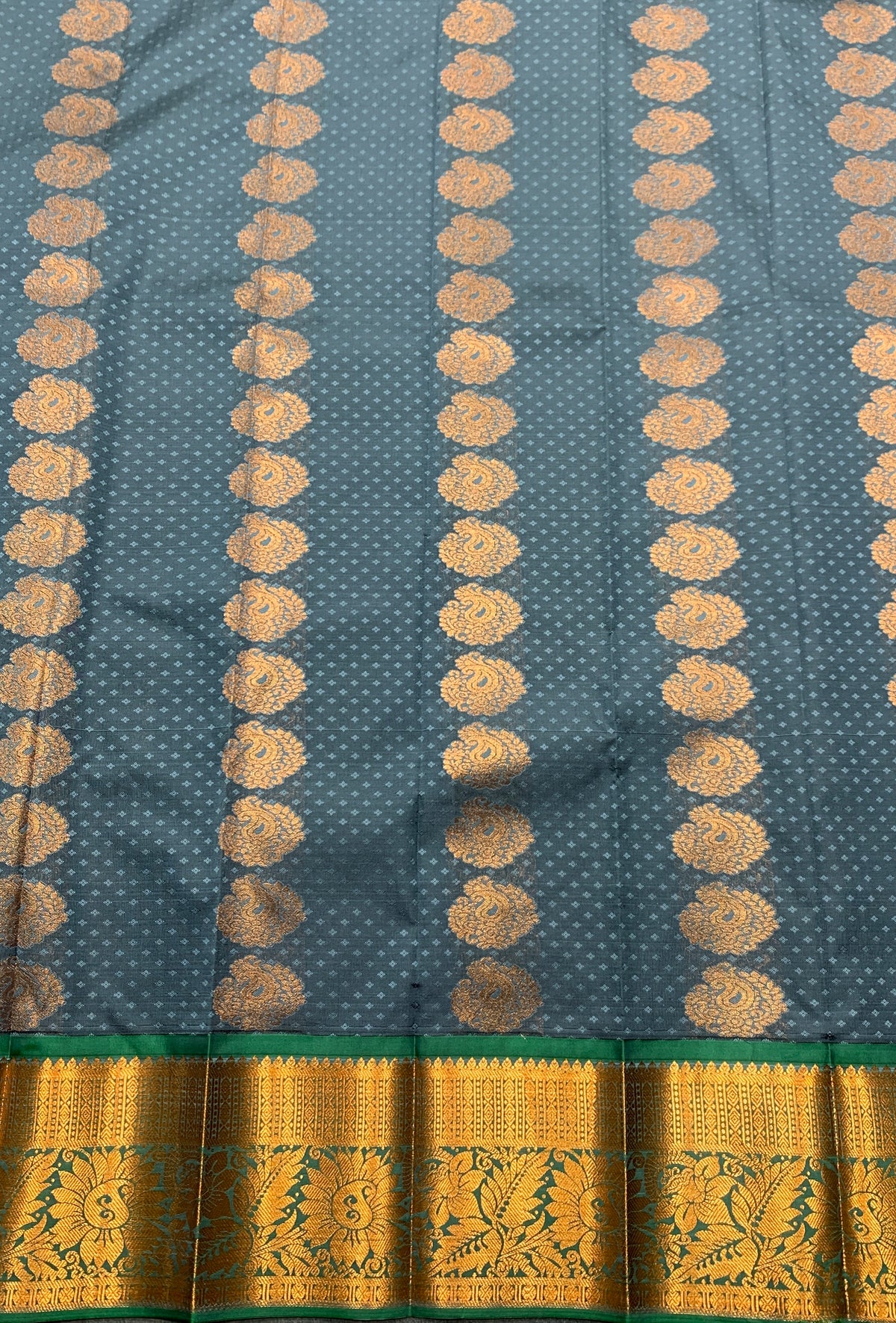 Vegan Silk Saree Grey Colour Saree with Green and Copper Border