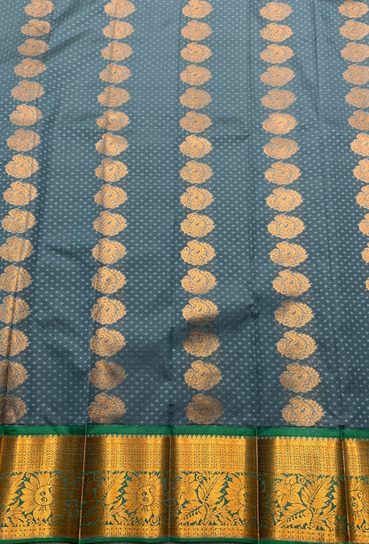 Vegan Silk Saree Grey Colour Saree with Green and Copper Border