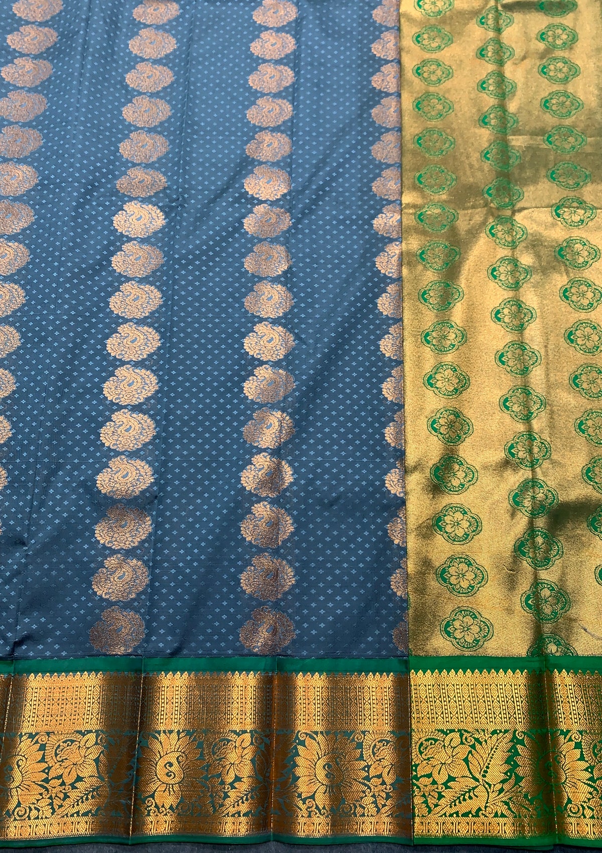 Vegan Silk Saree Grey Colour Saree with Green and Copper Border