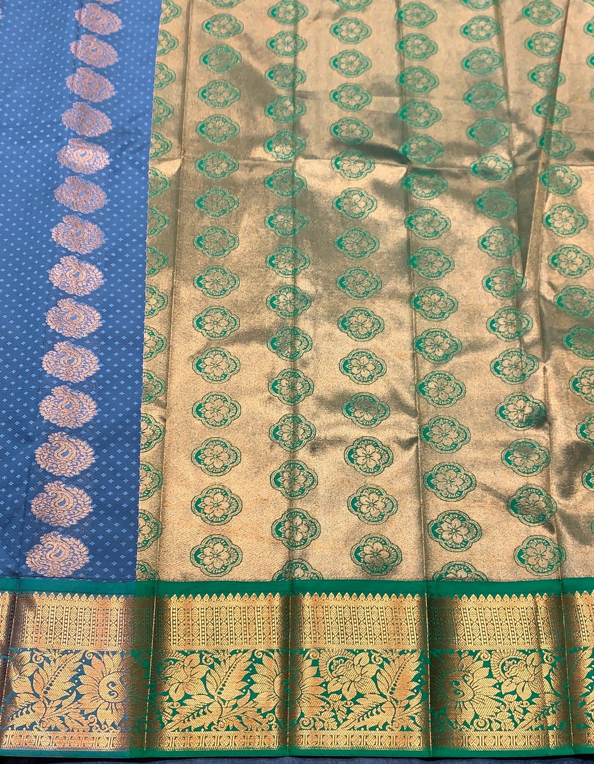 Vegan Silk Saree Grey Colour Saree with Green and Copper Border