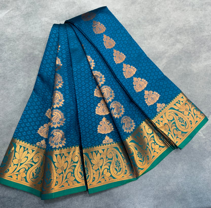 Vegan Silk Saree Peacock Blue Colour Saree with Green and Copper Border