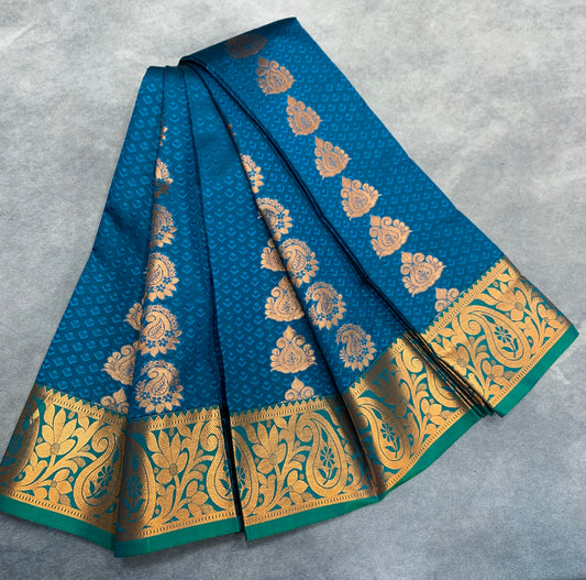 Vegan Silk Saree Peacock Blue Colour Saree with Green and Copper Border