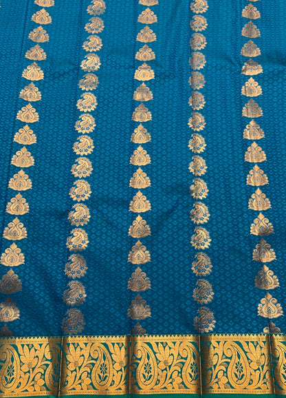 Vegan Silk Saree Peacock Blue Colour Saree with Green and Copper Border